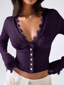 LYSMO Women's Casual Comfortable Deep Purple Contrast Lace Long Sleeve Thin Cardigan Autumn/Winter - Purple - View 1