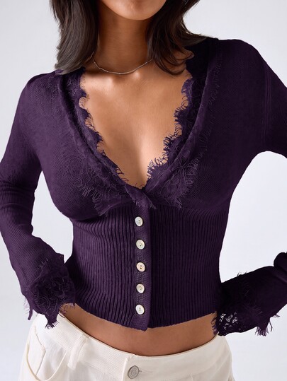 LYSMO Cardigan fin à manches longues pour femme, violet foncé avec dentelle contrastante, style décontracté romantique élégant et confortable, pour dîner d'automne, soirée en amoureux, sortie automne/hiver