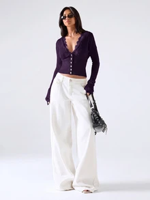 LYSMO Women's Casual Comfortable Deep Purple Contrast Lace Long Sleeve Thin Cardigan Autumn/Winter - Purple - View 4