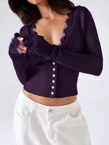 LYSMO Women's Casual Comfortable Deep Purple Contrast Lace Long Sleeve Thin Cardigan Autumn/Winter - Purple - View 6