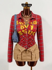 Rovax Women's Autumn Long-Sleeve Letter Print T-Shirt Street Style Retro Streetwear Everyday Traveling Red Plaid - Multicolor - View 3