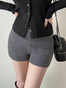 FRIFUL Women's Korean Street Style Knitted Shorts For Dating And Outings - Grey - View 3