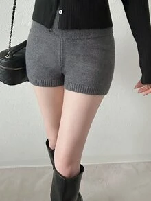 FRIFUL Women's Korean Street Style Knitted Shorts For Dating And Outings - Grey - View 2