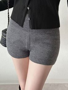 FRIFUL Women's Korean Street Style Knitted Shorts For Dating And Outings - Grey - View 4