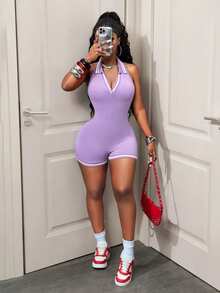 BamGleam 女款V領露背綠色與白色條紋飾邊修身連身褲，適合夜晚外出、夏季性感健身套裝、秋季冬季衣著及健身運動 - 淡紫色 - 查看 6