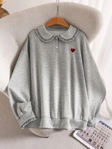 Lounesse Sweatshirt Bordir Hati Kasual Musim Gugur Ukuran Besar, Sweatshirt Kasual untuk Sehari-hari, Cocok untuk Wanita, Musim Gugur/Musim Dingin, Kembali ke Sekolah, dan Bekerja - Grey - View 9