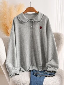 Lounesse Sweatshirt Bordir Hati Kasual Musim Gugur Ukuran Besar, Sweatshirt Kasual untuk Sehari-hari, Cocok untuk Wanita, Musim Gugur/Musim Dingin, Kembali ke Sekolah, dan Bekerja - Grey - View 7