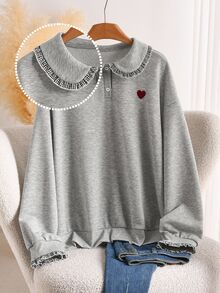 Lounesse Sweatshirt Bordir Hati Kasual Musim Gugur Ukuran Besar, Sweatshirt Kasual untuk Sehari-hari, Cocok untuk Wanita, Musim Gugur/Musim Dingin, Kembali ke Sekolah, dan Bekerja - Grey - View 6