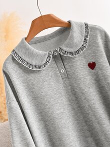 Lounesse Sweatshirt Bordir Hati Kasual Musim Gugur Ukuran Besar, Sweatshirt Kasual untuk Sehari-hari, Cocok untuk Wanita, Musim Gugur/Musim Dingin, Kembali ke Sekolah, dan Bekerja - Grey - View 5