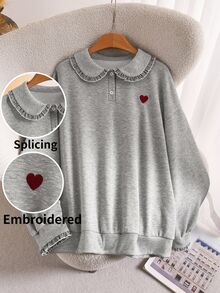 Lounesse Sweatshirt Bordir Hati Kasual Musim Gugur Ukuran Besar, Sweatshirt Kasual untuk Sehari-hari, Cocok untuk Wanita, Musim Gugur/Musim Dingin, Kembali ke Sekolah, dan Bekerja - Grey - View 4
