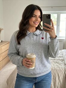 Lounesse Sweatshirt Bordir Hati Kasual Musim Gugur Ukuran Besar, Sweatshirt Kasual untuk Sehari-hari, Cocok untuk Wanita, Musim Gugur/Musim Dingin, Kembali ke Sekolah, dan Bekerja - Grey - View 3