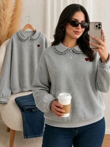Lounesse Sweatshirt Bordir Hati Kasual Musim Gugur Ukuran Besar, Sweatshirt Kasual untuk Sehari-hari, Cocok untuk Wanita, Musim Gugur/Musim Dingin, Kembali ke Sekolah, dan Bekerja - Grey - View 2