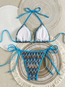 Swim Vcay 2件組女款休閒沙灘泳衣，彩色葉片針織圖案，銀色貝殼飾品，繫帶設計，適合夏季海灘度假 - 藍色 - 查看 6