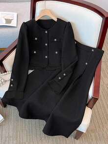 GlowEve Women's Autumn Commuting Solid Color Jacket And Skirt 2 Pieces Set - Black - View 1