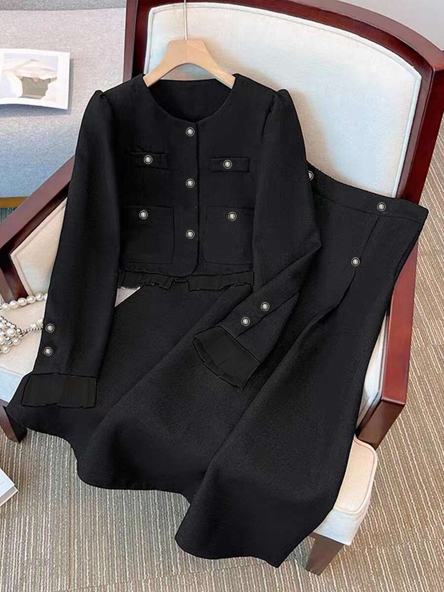 GlowEve Women's Autumn Commuting Solid Color Jacket And Skirt 2 Pieces Set - Black - View 1