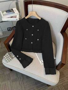 GlowEve Women's Autumn Commuting Solid Color Jacket And Skirt 2 Pieces Set - Black - View 3