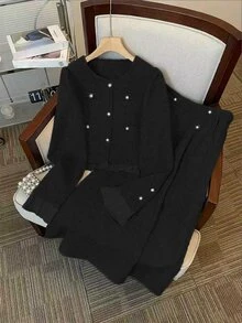 GlowEve Women's Autumn Commuting Solid Color Jacket And Skirt 2 Pieces Set - Black - View 7