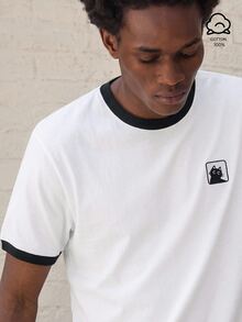 Daypath Standard Size Men's Funny Cute Black Cat Logo Black & White Patchwork T-Shirt, Ribbed Cuff Design, Suitable For School, Friends Gift - White - View 1