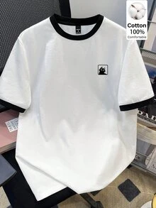 Daypath Standard Size Men's Funny Cute Black Cat Logo Black & White Patchwork T-Shirt, Ribbed Cuff Design, Suitable For School, Friends Gift - White - View 4