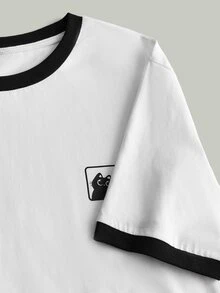 Daypath Standard Size Men's Funny Cute Black Cat Logo Black & White Patchwork T-Shirt, Ribbed Cuff Design, Suitable For School, Friends Gift - White - View 2