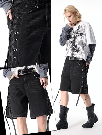 Short en jean ample style gothique avec bandes pour hommes