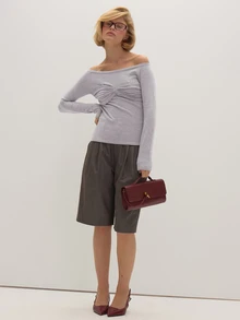 MUSEYN Grey Sheer Off Shoulder Ruched Bandeau Long Sleeve Top Cozy Textured Everyday Casual Fall New Season Capsule Wardrobe - Light Grey - View 2