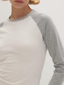 MUSEYN Grey And White Jersey Contrast Crew Neck Long Sleeve T-Shirt Versatile  Everyday Casual Fall Fashion - Multicolor - View 5