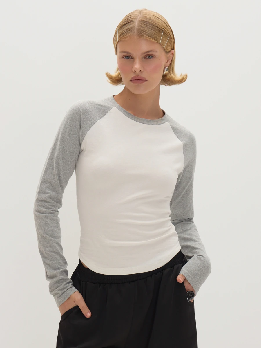 MUSEYN Grey And White Jersey Contrast Crew Neck Long Sleeve T-Shirt Versatile Everyday Casual Fall Fashion - Multicolor - View 1