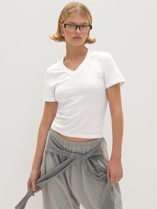 MUSEYN Kaos Polos Lengan Pendek Leher V Model Longgar Warna Putih Bahan Jersey - Putih - View 1