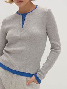 MUSEYN Atasan Kancing Berlapis Kontras Rajut Abu-abu dan Biru - Grey - View 3