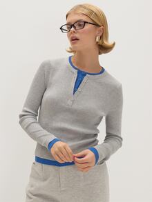 MUSEYN Atasan Kancing Berlapis Kontras Rajut Abu-abu dan Biru - Grey - View 1