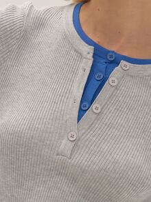 MUSEYN Atasan Kancing Berlapis Kontras Rajut Abu-abu dan Biru - Grey - View 6