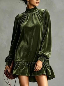 SHEIN Mock Neck Lantern Sleeve Ruffle Hem Velvet Dress - Green - View 4