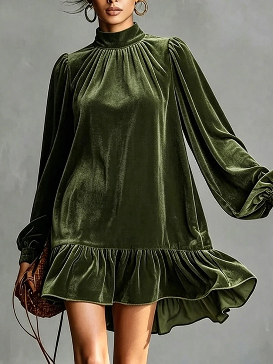 SHEIN Mock Neck Lantern Sleeve Ruffle Hem Velvet Dress - Green - View 1