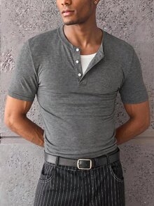 ESTAVOR Men's Summer Casual Fitted Slim Fit Crew Neck Short Sleeve Standard Size Grey Solid Color - Grey - View 3