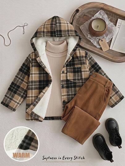Cozy Pixies Kids Young Boys Casual Comfortable Versatile Plaid Fleece Lined Hooded Autumn Winter Jacket