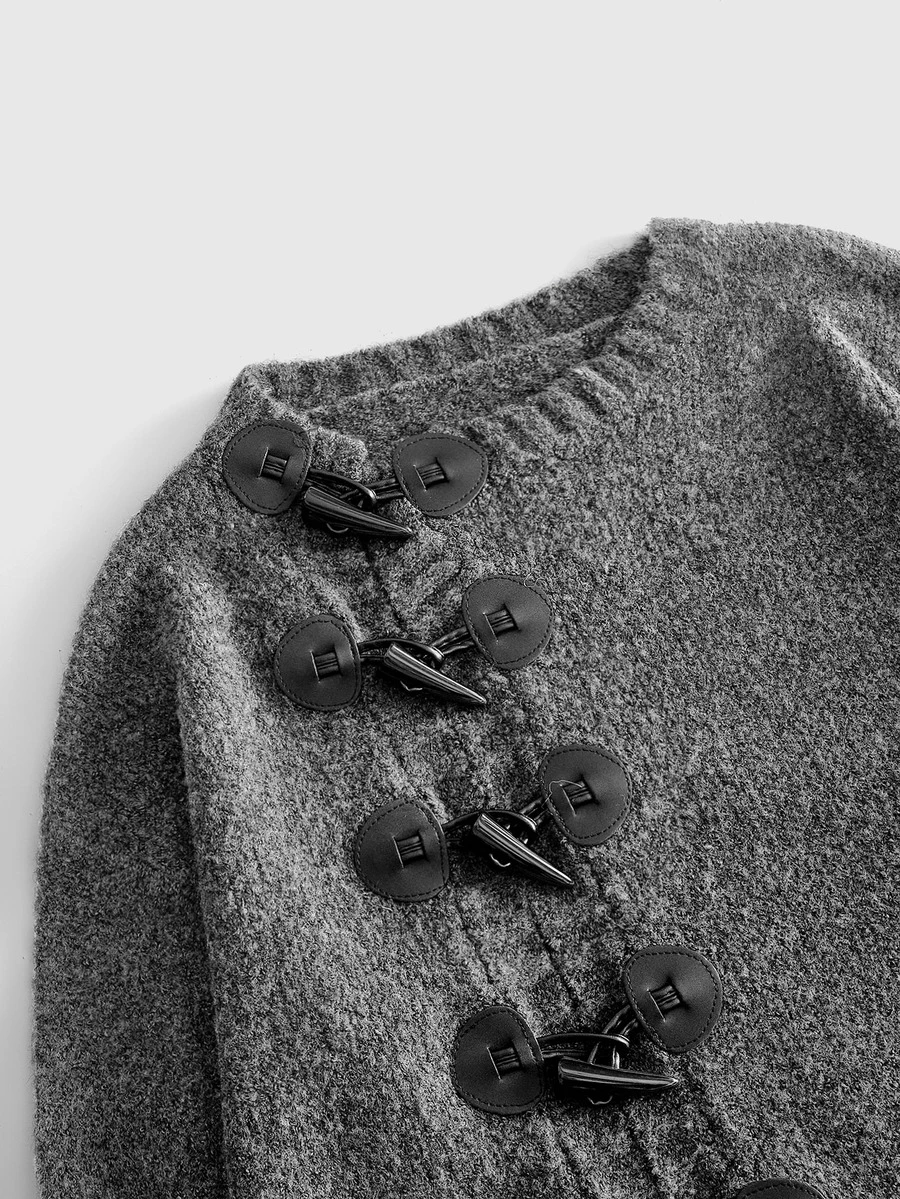 ROMWE MEN Men's Solid Color Horn Button Design Long Sleeve Casual Knit Cardigan - Dark Grey - View 1