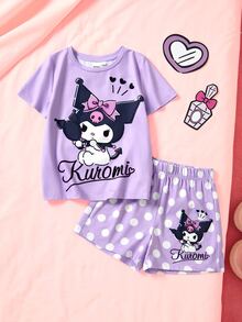 HELLO KITTY AND FRIENDS | SHEIN Young Girl Letter Print Short Sleeve T-Shirt And Shorts Loungewear Set - Purple - View 1