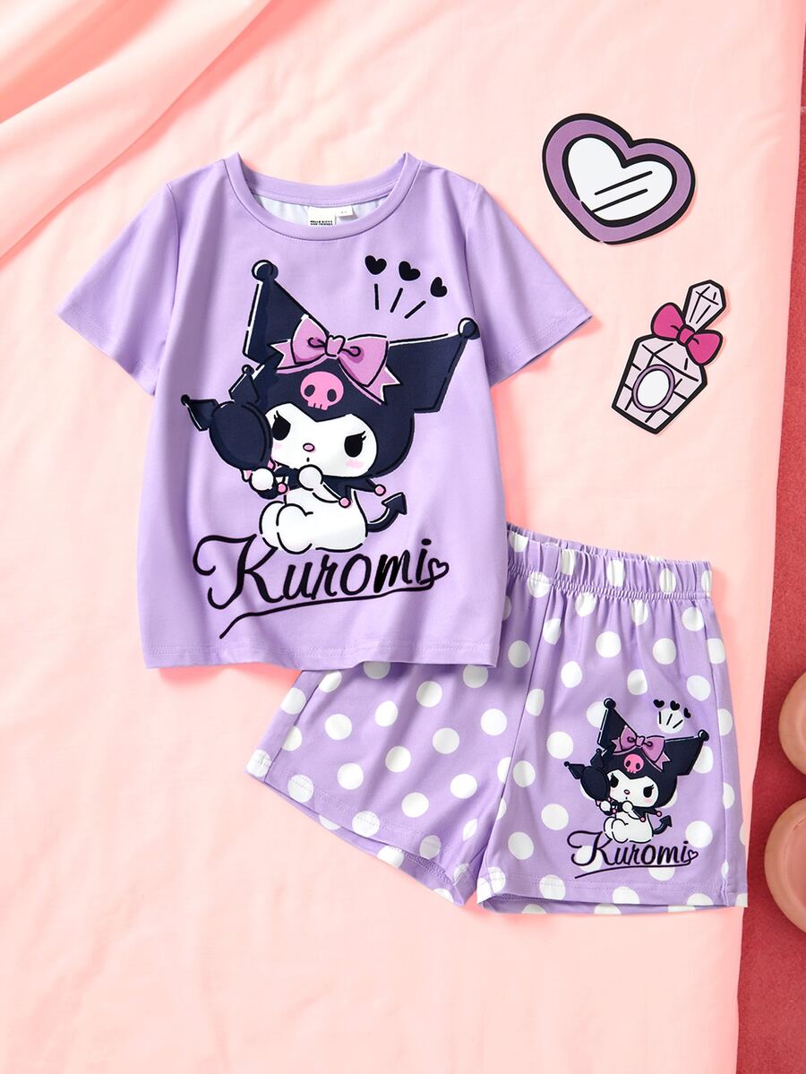 HELLO KITTY AND FRIENDS | SHEIN Young Girl Letter Print Short Sleeve T-Shirt And Shorts Loungewear Set - Purple - View 1