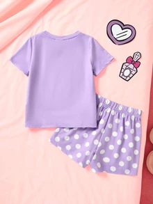 HELLO KITTY AND FRIENDS | SHEIN Young Girl Letter Print Short Sleeve T-Shirt And Shorts Loungewear Set - Purple - View 2