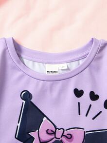 HELLO KITTY AND FRIENDS | SHEIN Young Girl Letter Print Short Sleeve T-Shirt And Shorts Loungewear Set - Purple - View 3