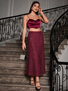 Glamine 女款優雅亮片A字百搭裙，適合派對、舞會與日常穿著，酒紅色秋季裙 - 酒紅色 - 查看 5