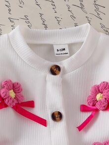 SHEIN Playful Pals 女嬰甜心蝴蝶結兩件套，白色針織開襟長袖上衣搭配桃紅色長褲，柔軟可愛學院風套裝，春夏秋冬日常穿著，拍照出片，顯膚色，媽媽最愛的活力童裝套裝，熱銷軟萌穿搭 - 白色 - 查看 8