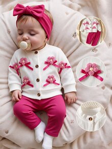 SHEIN Playful Pals 女嬰甜心蝴蝶結兩件套，白色針織開襟長袖上衣搭配桃紅色長褲，柔軟可愛學院風套裝，春夏秋冬日常穿著，拍照出片，顯膚色，媽媽最愛的活力童裝套裝，熱銷軟萌穿搭 - 白色 - 查看 1
