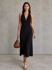CHARMVALE Women's Solid Color Pleated Casual Party Halter Neck Dress - Black - View 6