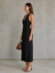 CHARMVALE Women's Solid Color Pleated Casual Party Halter Neck Dress - Black - View 5