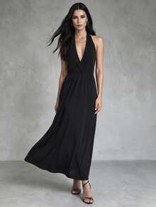 CHARMVALE Women's Solid Color Pleated Casual Party Halter Neck Dress - Black - View 2