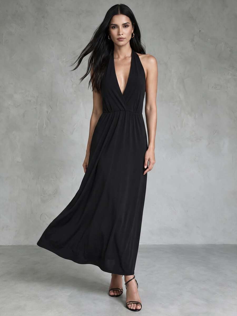 CHARMVALE Women's Solid Color Pleated Casual Party Halter Neck Dress - Black - View 1