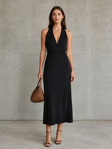 CHARMVALE Women's Solid Color Pleated Casual Party Halter Neck Dress - Black - View 7