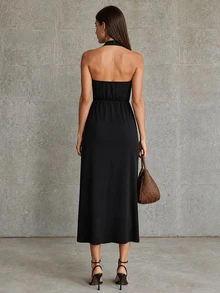 CHARMVALE Women's Solid Color Pleated Casual Party Halter Neck Dress - Black - View 4